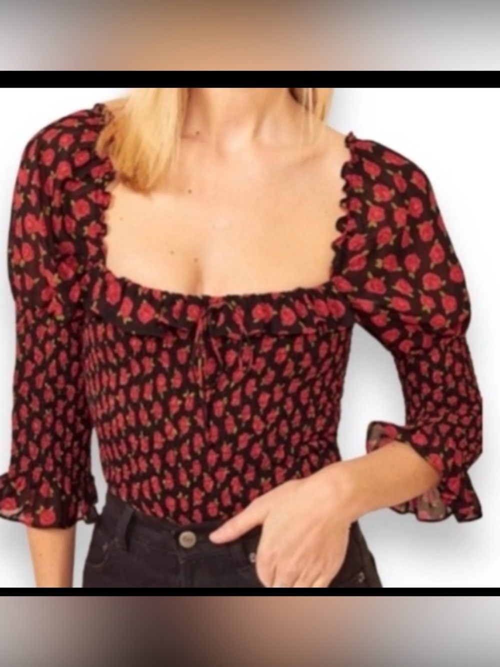Floral Print Babydoll Milkmaid puff sleeve smoked top Size M Ruffle cuffs Y2K